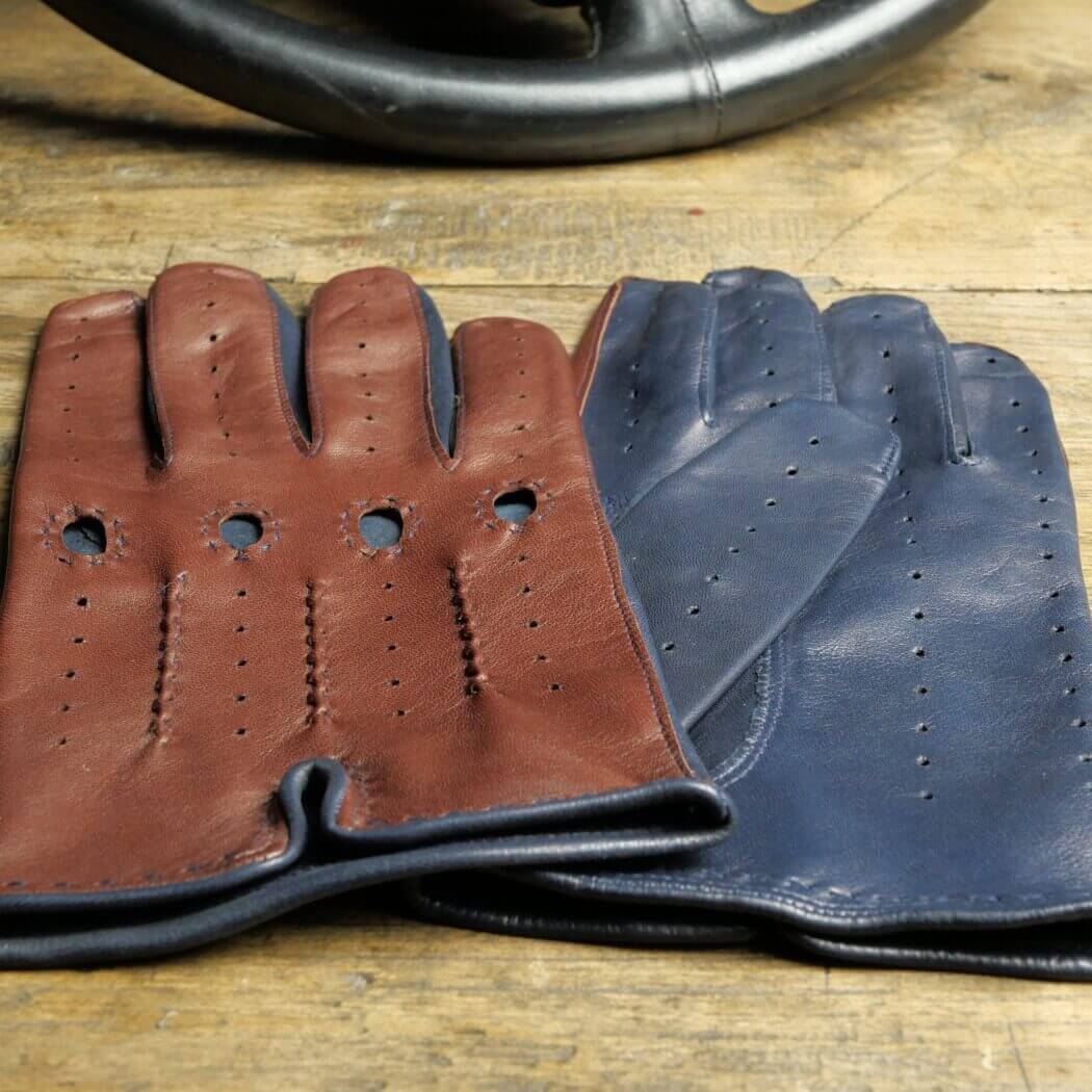 DRIVING GLOVES - LEATHER - TWO-TONE COGNAC NAVY