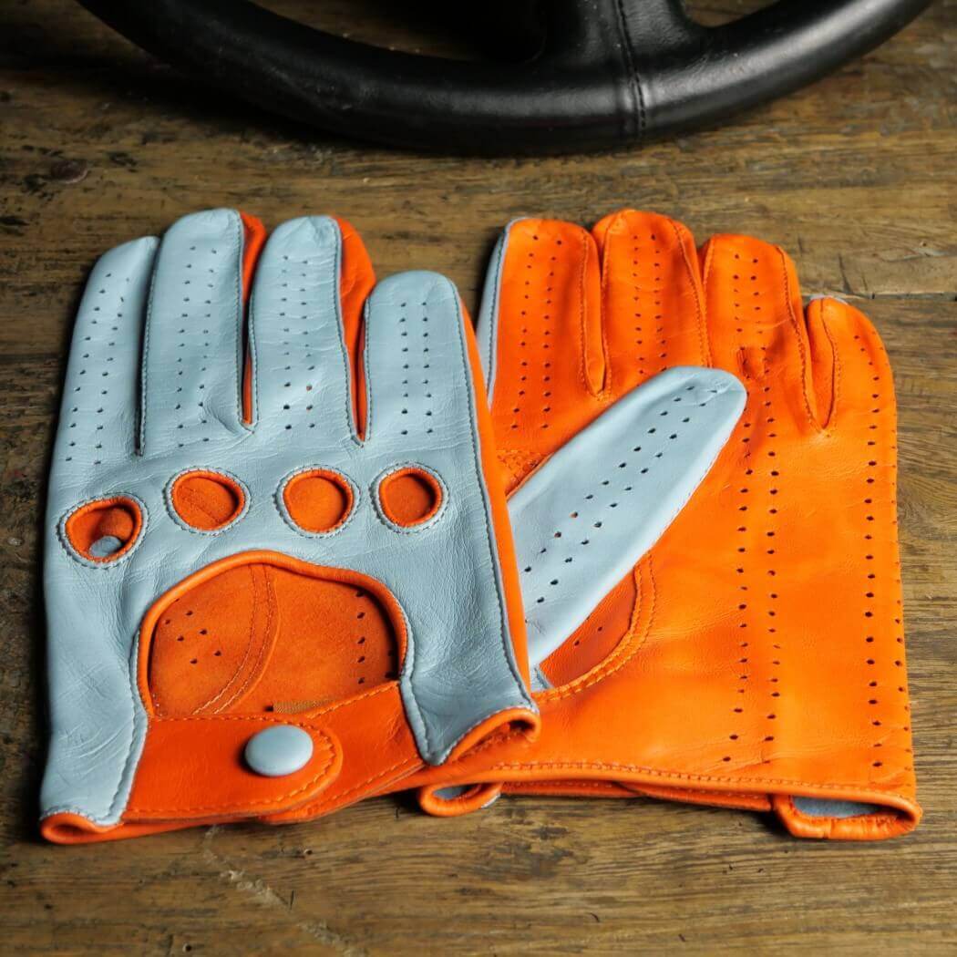 Driving Gloves - Leather - Two Tone Sky Blue Orange "GULF Style