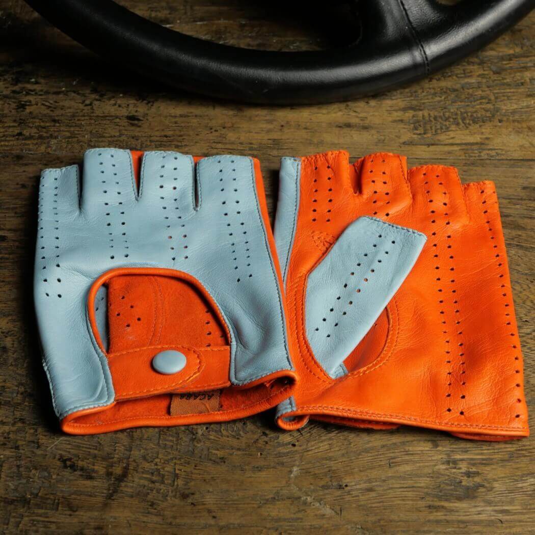Driving Mittens - Leather - Two-tone blue and orange "Gulf