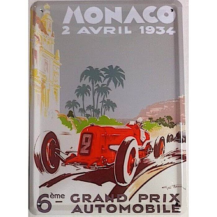 Plaque métal Grand Prix de Monaco 1934 par Géo Ham 15 x 21 cm