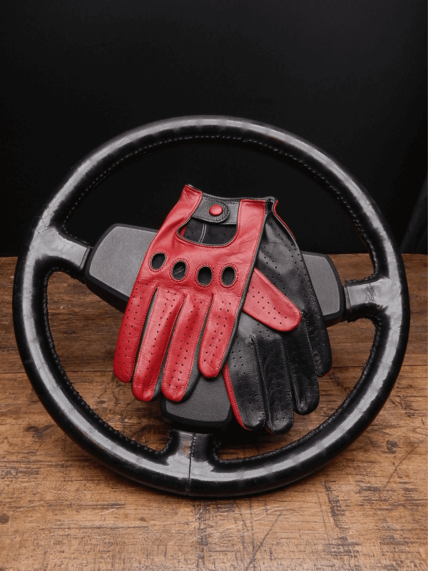 Driving gloves - Leather - black and burgundy red
