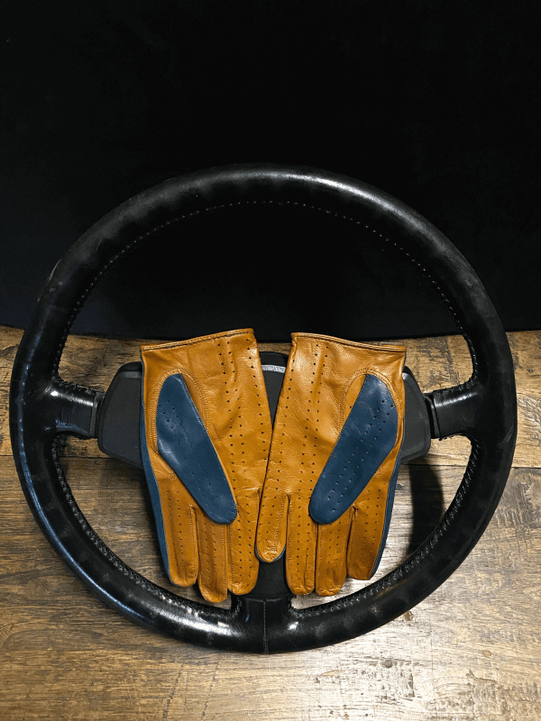 Camel blue two-tone driving gloves