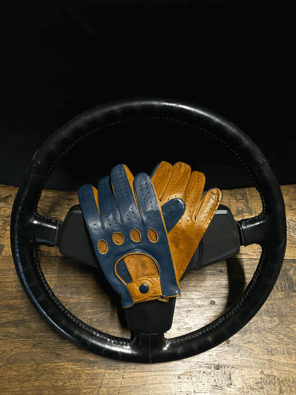 Camel blue two-tone driving gloves