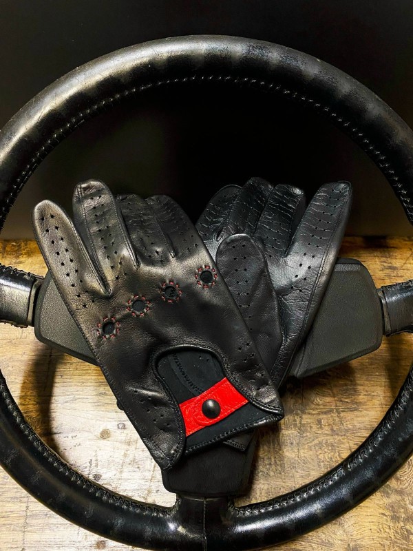 Black and red tactile driving gloves